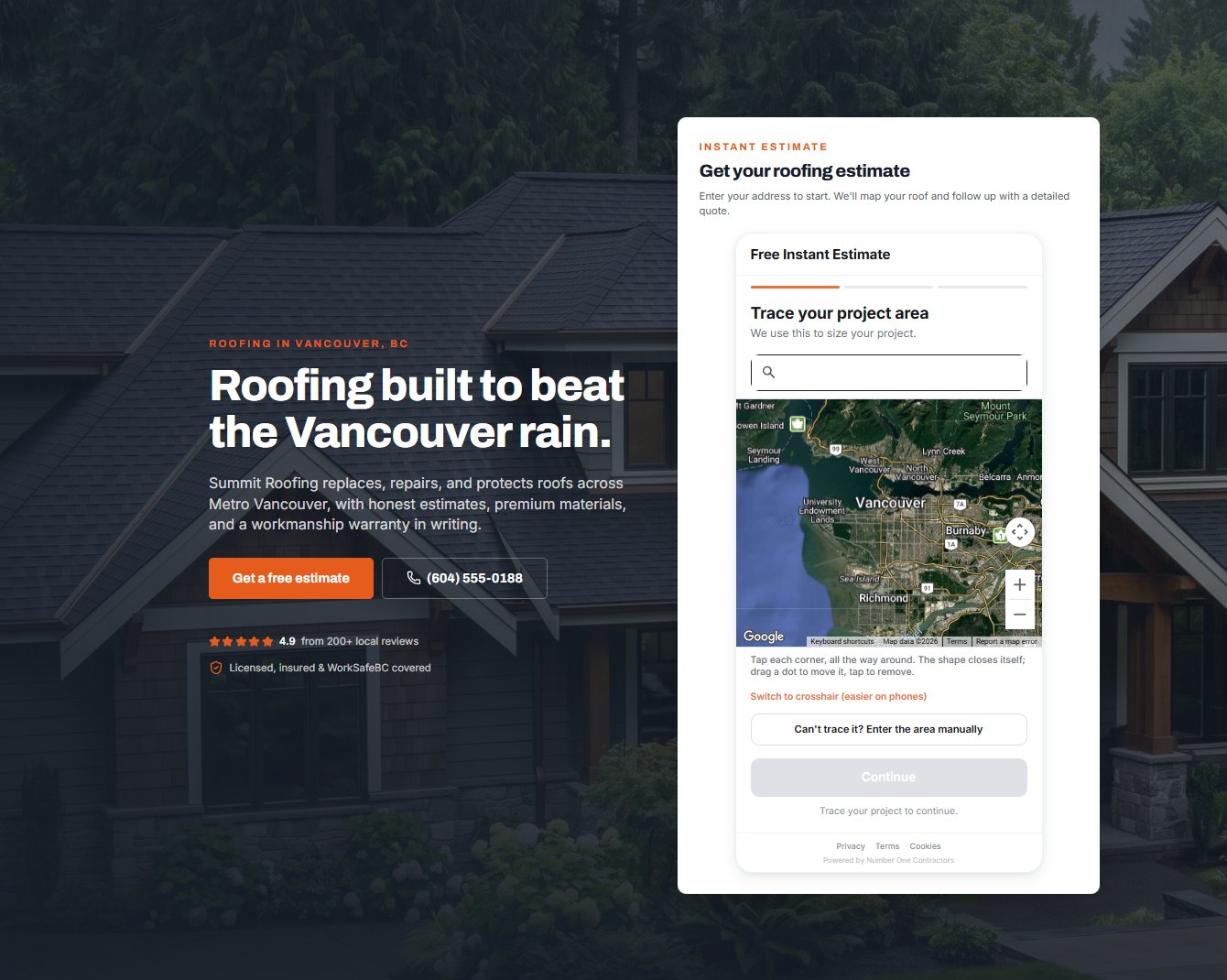 A roofing contractor website with the Free Instant Estimate tool open, showing the trace your project area step on a satellite map